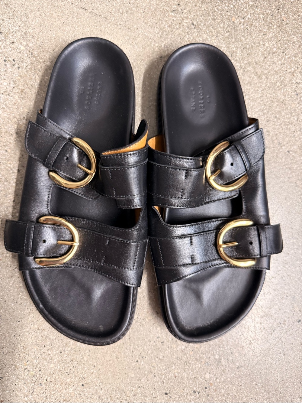 Sezane Black Leather Double-Buckle Slide Sandals with Gold Buckles